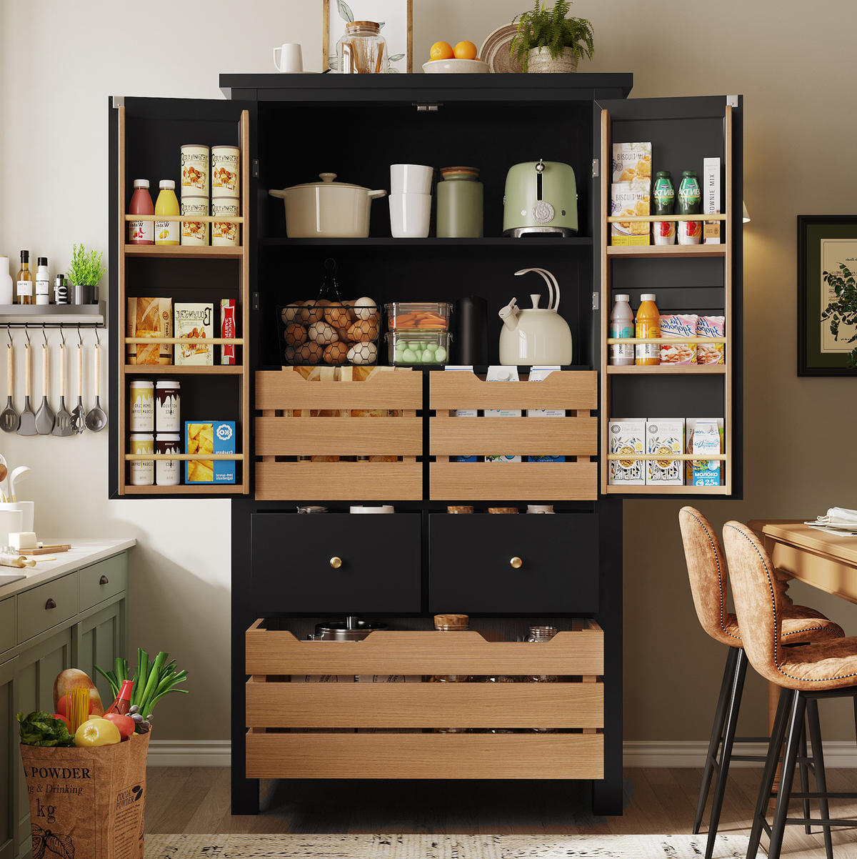 HIGHBOARD 80/40/140 cm aus MDF/Metall mit 5 Schubladen und Doppeltür Schwarz - Schwarz, Holzwerkstoff (80/140/40cm) - Modenvie