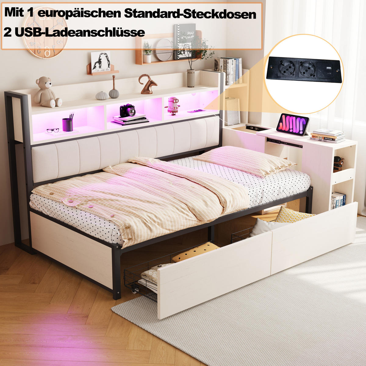 METALLBETT 90/200 cm in Weiß & Natur mit 2 Schubladen, Steckdosen und Schreibtisch - Weiß, Holzwerkstoff/Metall (90/200cm) - WISHDOR