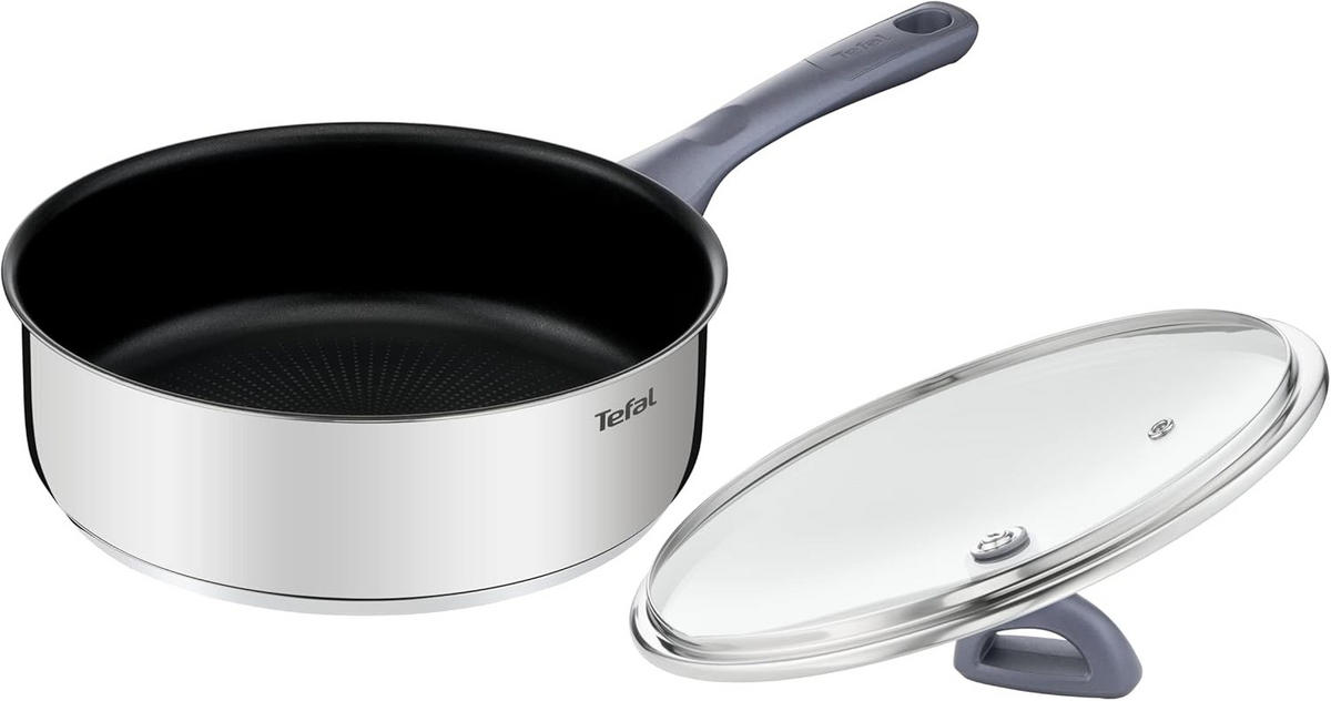 SAUTEUSE G7133214 Dailycook 24 cm Edelstahl 18/10 Antihaft Induktion mit Glasdeckel Thermo-Spot - Silberfarben, Glas/Metall (24cm) - Tefal