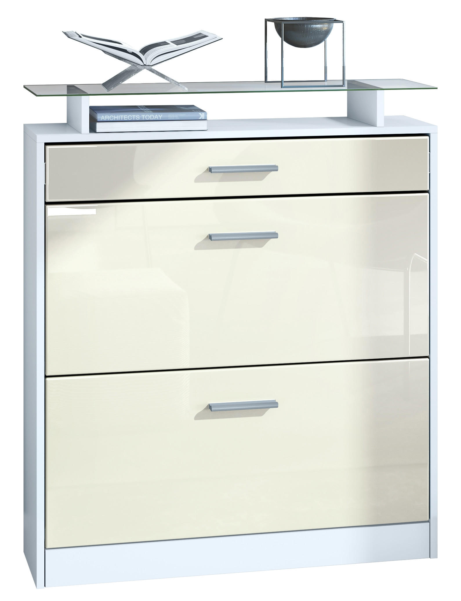 SCHUHSCHRANK Loret Front in Creme Hochglanz - Creme, Holzwerkstoff (89/104/23cm) - Vladon