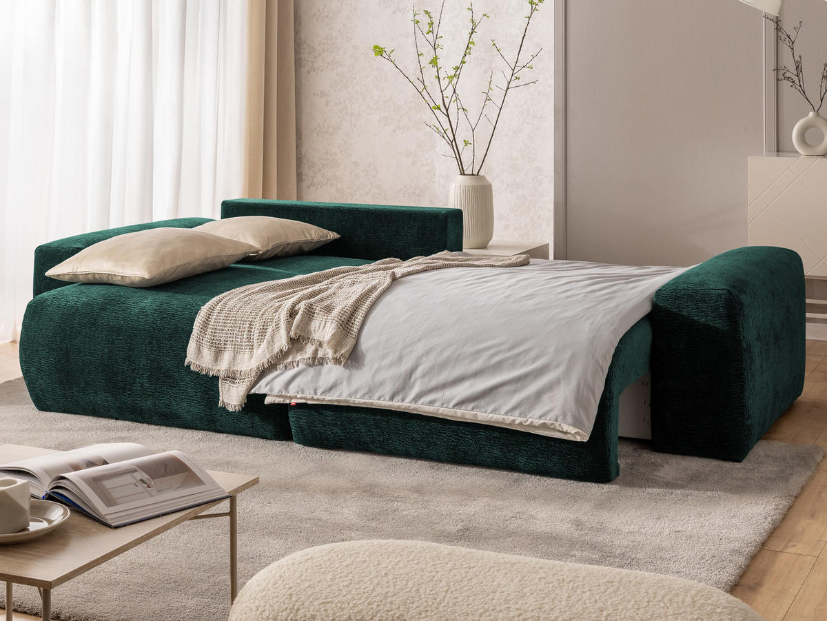 ECKSOFA Puffy mit Schlaffunktion und Bettkasten - besonders weich und puffig aus Grün Stoff mit Chenillestruktur - Ottomane links - Schwarz/Grün, Holz/Kunststoff (138/266cm) - S-Style Möbel