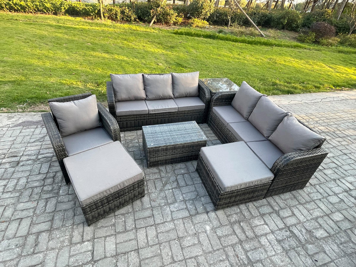 GARTENMÖBEL-SET mit Kissen Polyrattan Dunkelgrau 9-Sitzer - Dunkelgrau/Grau, Glas/Kunststoff - Fimous