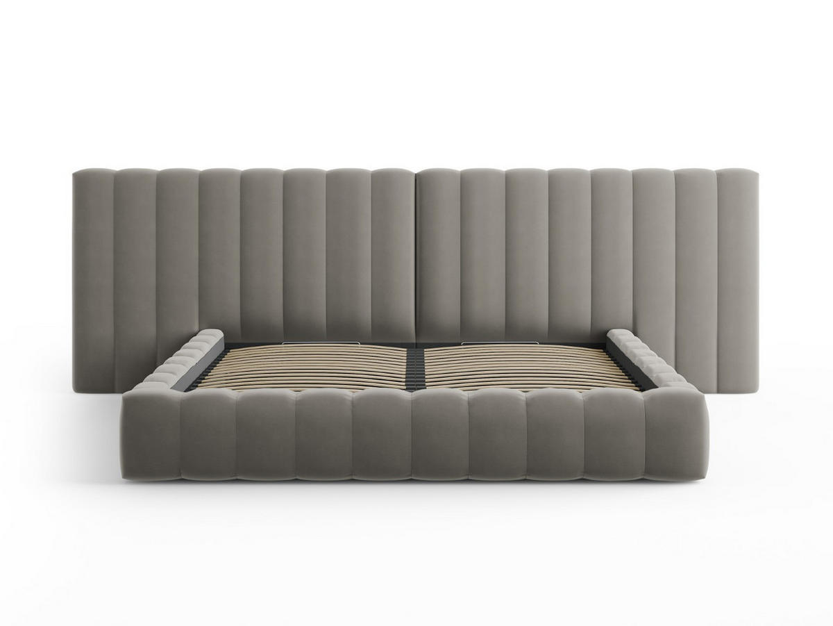 BETT mit Bettkasten und Doppelkopfteil Kelp aus Samt hellgrau 200x200cm - Hellgrau, Textil (200/200cm) - Micadoni