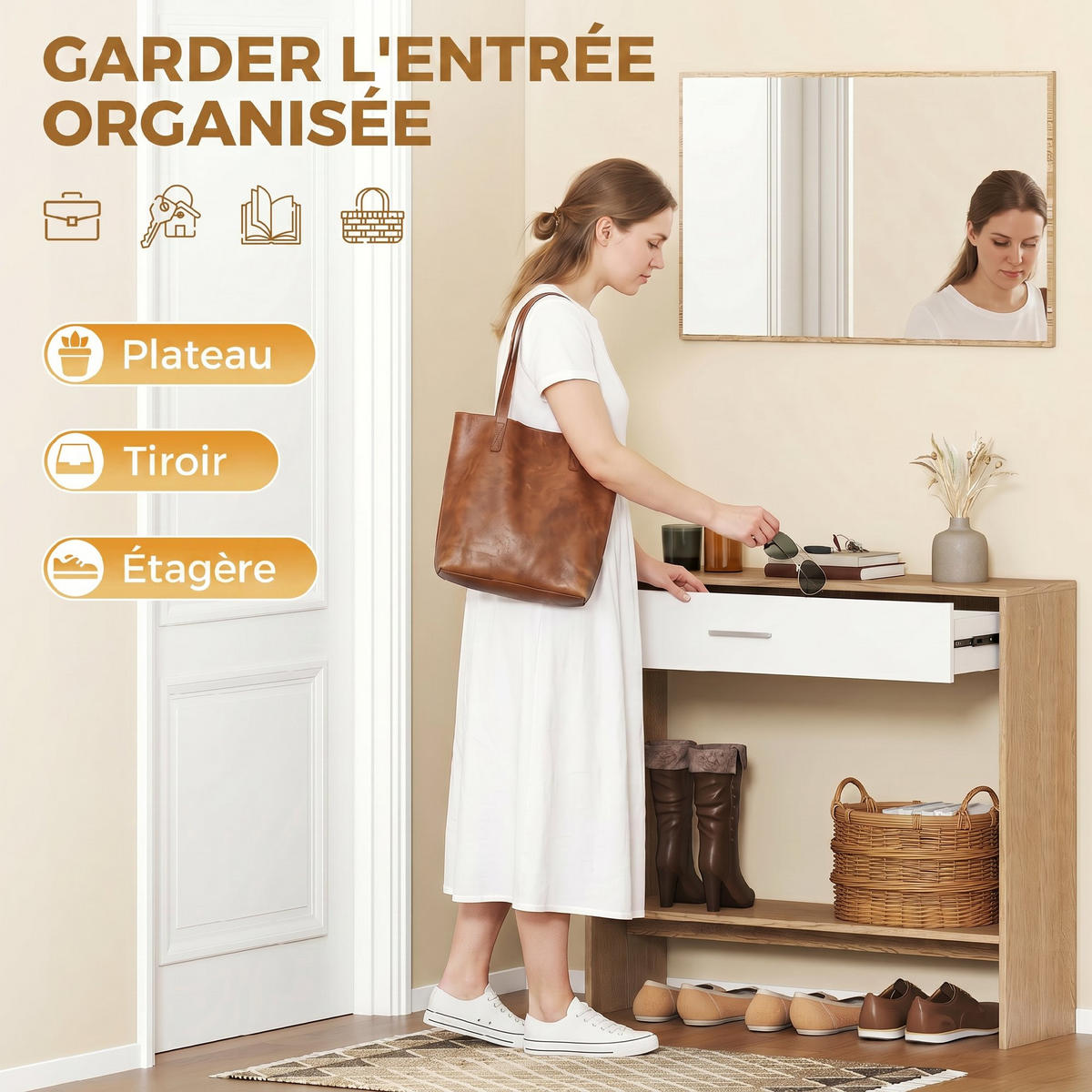 KONSOLENTISCH DE-16824 1 Schublade + Ablage, 91,5 cm Eiche - Eichefarben, Holzwerkstoff (91.5/27.9/85.5cm) - ComfortXL