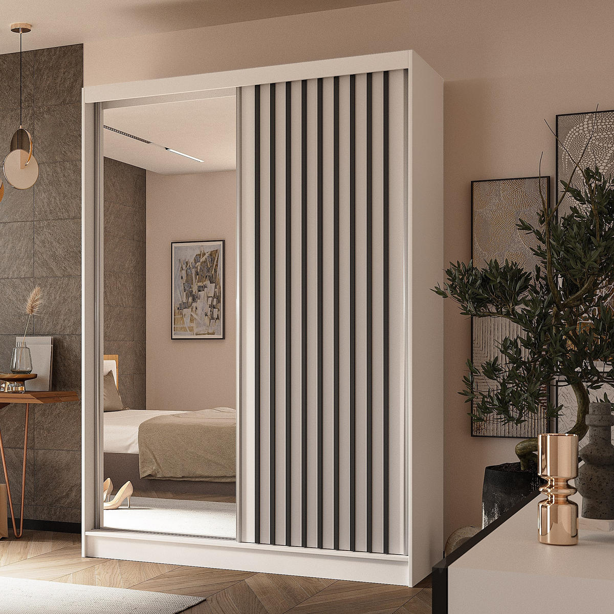 SCHWEBETÜRENSCHRANK LAMELLO 150/216/61 cm 2-türig mit Spiegel Weiß - Weiß, Holzwerkstoff (150/216/61cm) - MASSENO