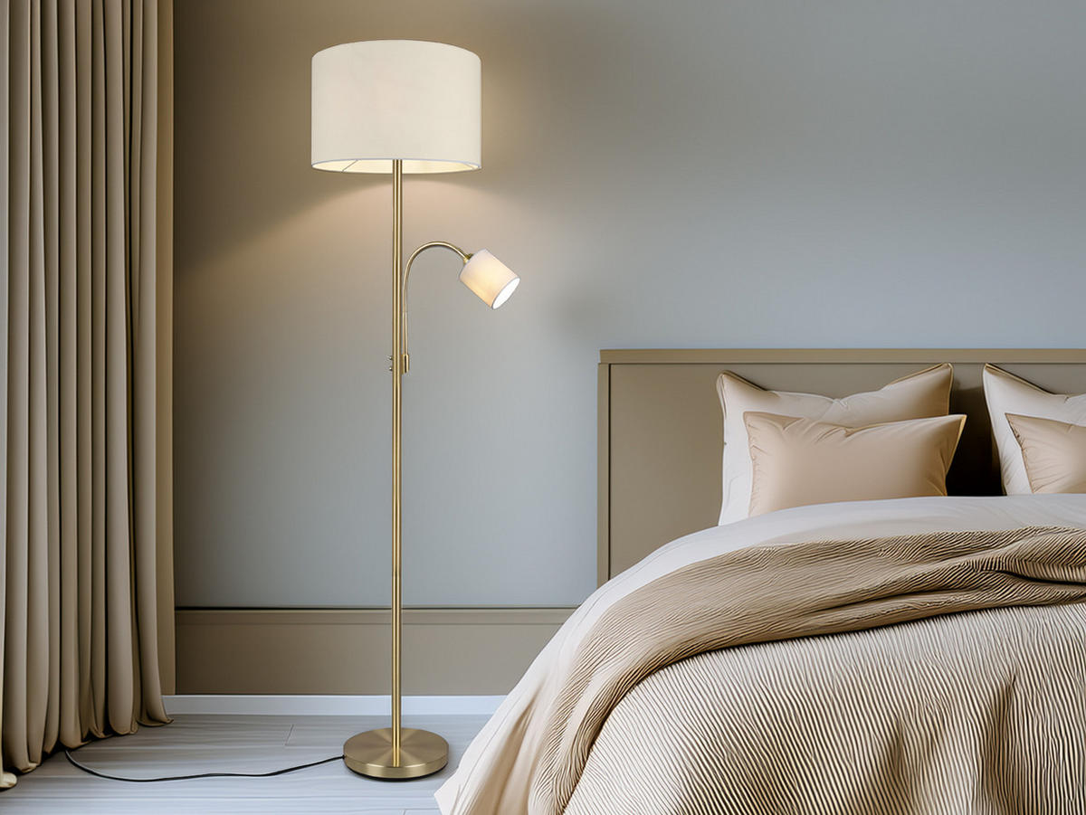 LED-STEHLAMPE Gold mit Leselampe, Höhe 170cm, große Standlampe dimmbar Stoffschirm Weiß, Wohnzimmer - Messingfarben, Textil (40/40/170cm) - meineWunschleuchte