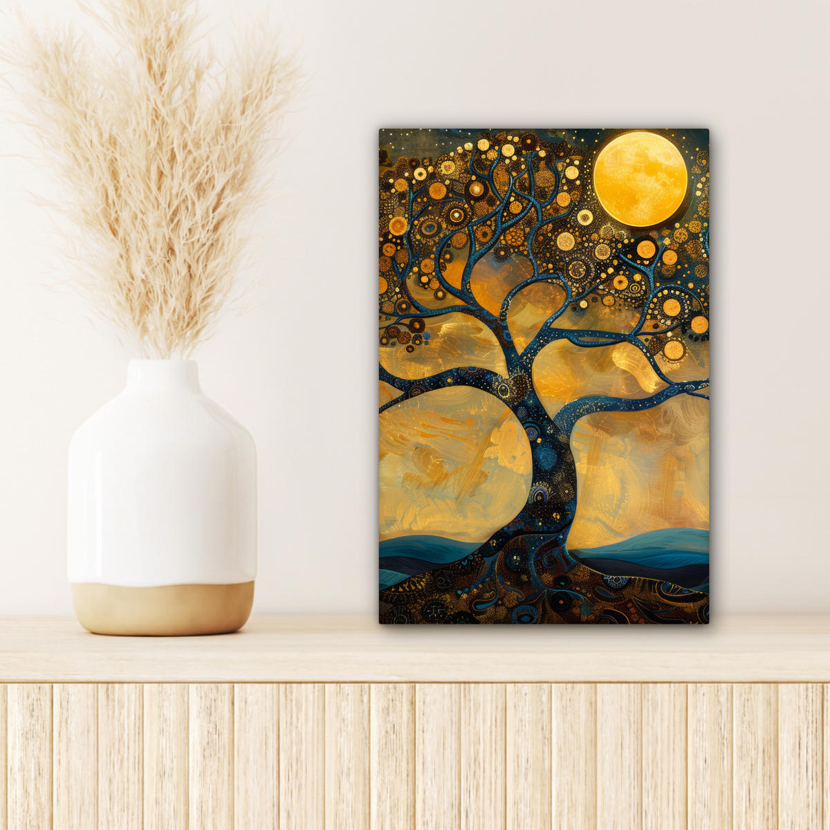 LEINWANDBILD Baum - Mond - Blumen - Gold - Kunst Deko Wohnzimmer 20x30 cm - Orange, Textil (20/30cm) - MuchoWow