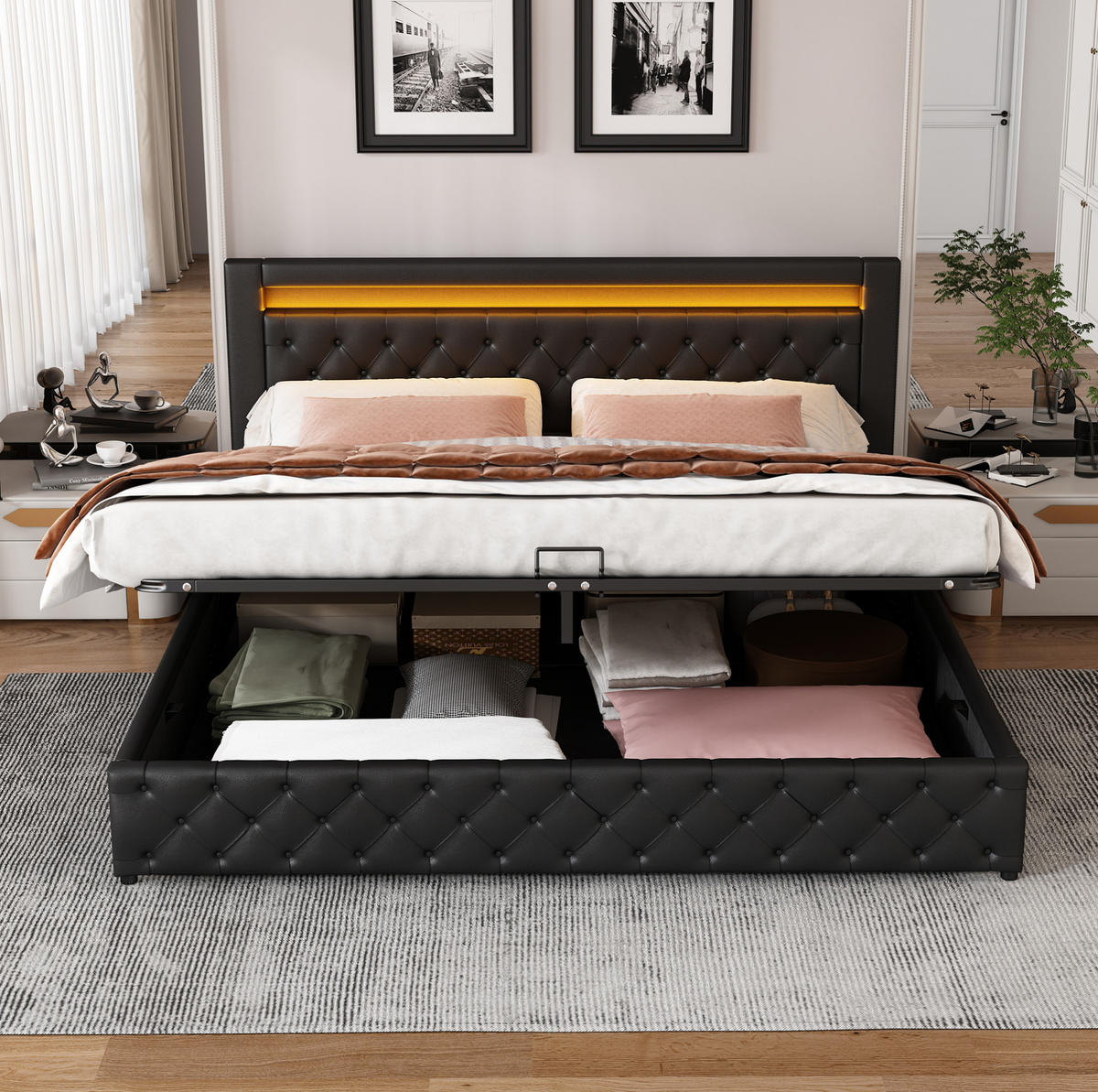 BETT mit Bettkasten und LED 140x200 cm PU Schwarz - Schwarz, Metall (140/200cm) - Meubliv