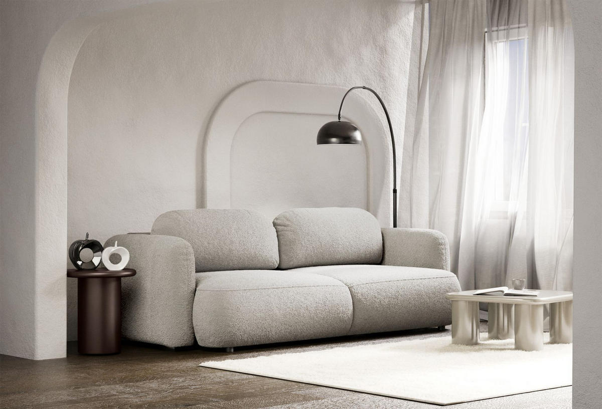 3-SITZER SCHLAFSOFA Tvoya Hellbeige Bouclé - Ecru/Schwarz, Kunststoff/Textil (253/82/110cm) - Selsey