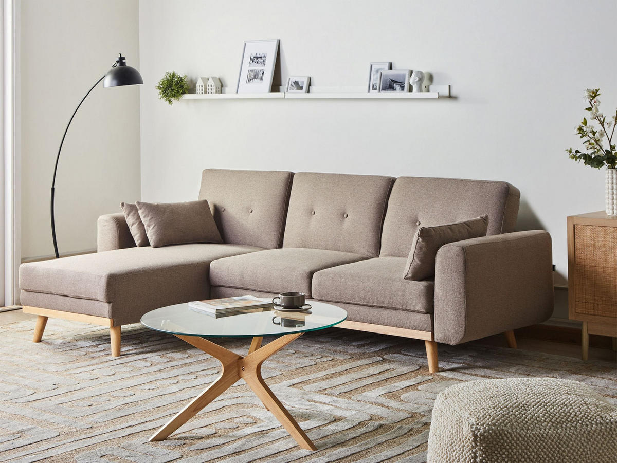 ROZKLÁDACÍ ROHOVÁ POHOVKA 3-místná Látka Světle hnědá pravostranná Kaarina - světle hnědá, textil (260/152cm) - Beliani