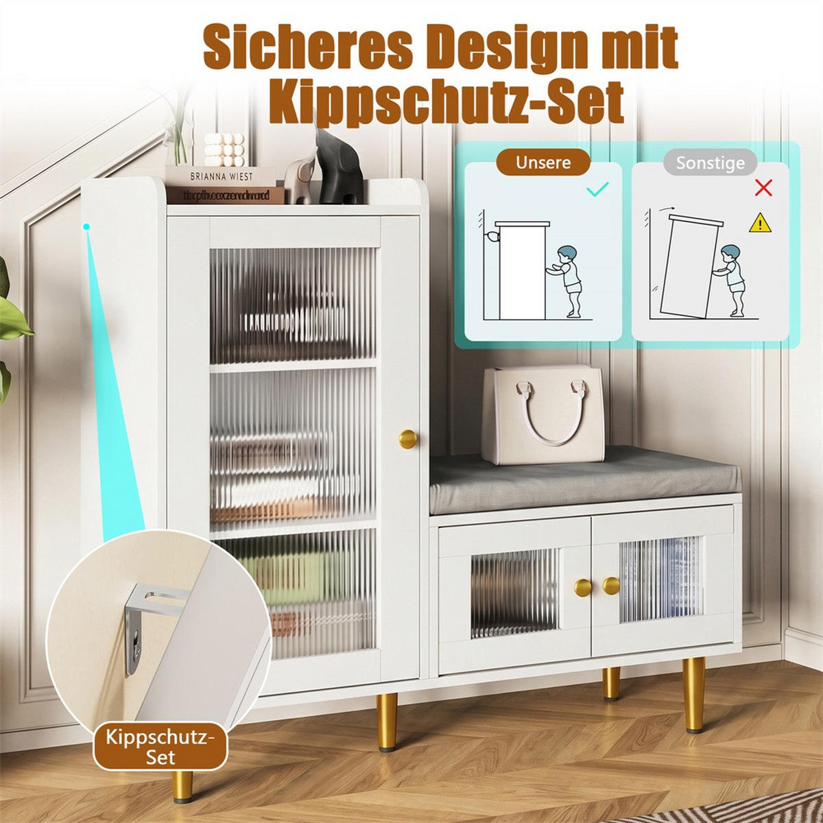 SCHUHSCHRANK mit integrierter Sitzbank - Mehrzweck-Schuhschrank mit geriffelten Glastüren und Sitzkissen - Weiß und Gold - Weiß, Holzwerkstoff (35/69.5/100cm) - DELFA