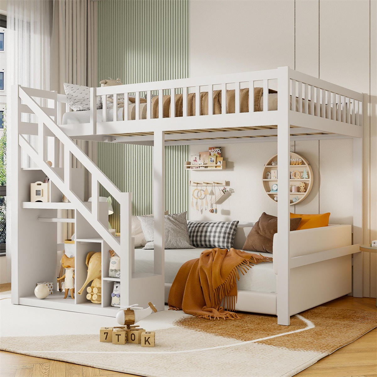 HOCHBETT 140x200 cm - Multifunktionales Kinderbett mit Treppenregal und hohem Rausfallschutz - ohne Matratze - Weiß - Weiß, Holz (140/200cm) - DELFA