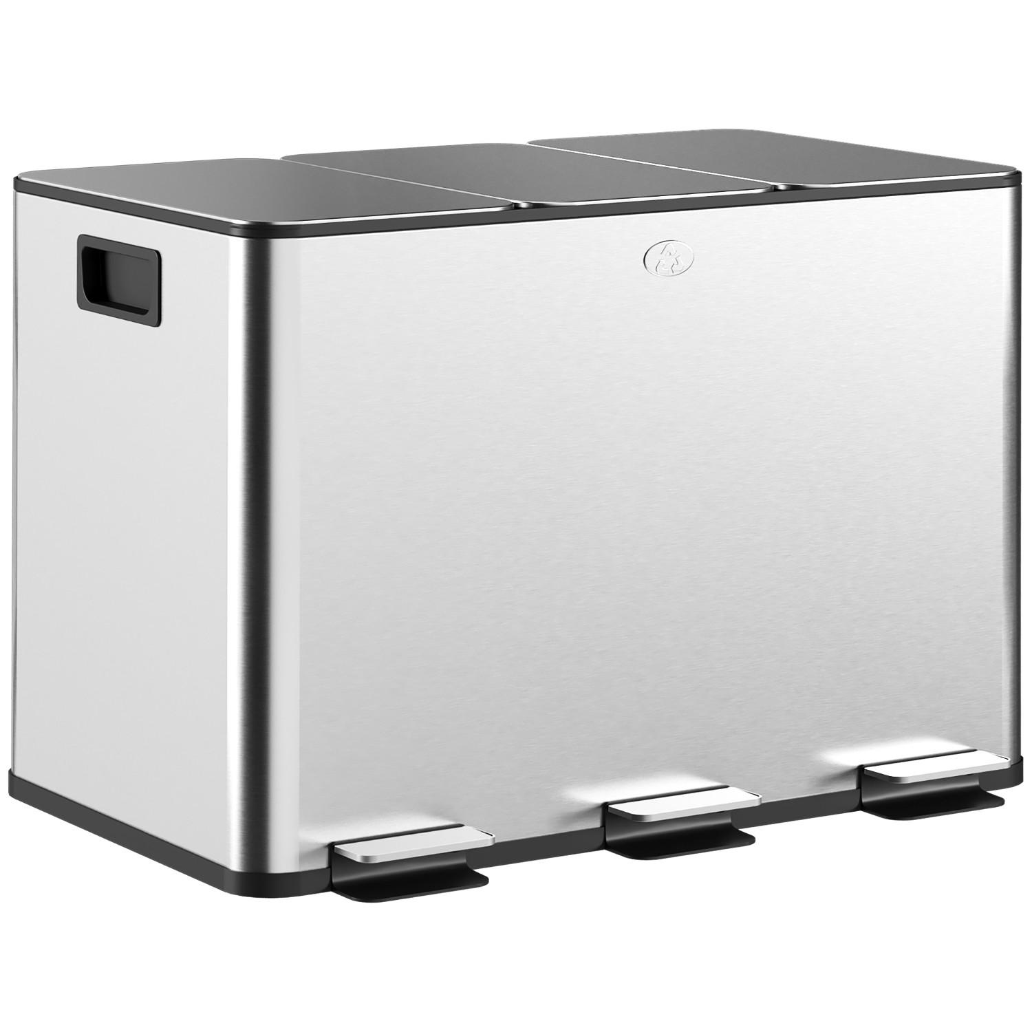 MÜLLTRENNSYSTEM 3 FÄCHER 49,6/34,5/38,6 cm Edelstahl Silber Treteimer Küche - Silberfarben, Metall (34.5/38.6/49.6cm) - Rolipo