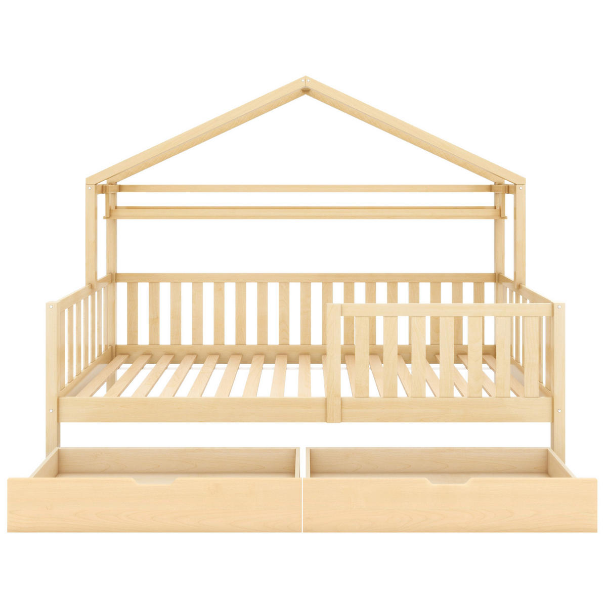 KINDERBETT Hausbett 90/200 cm mit 2 Schubladen, Ablage und Lattenrost, Massivholz Kiefer, Natur - Naturfarben, Holz (90/200cm) - Redom