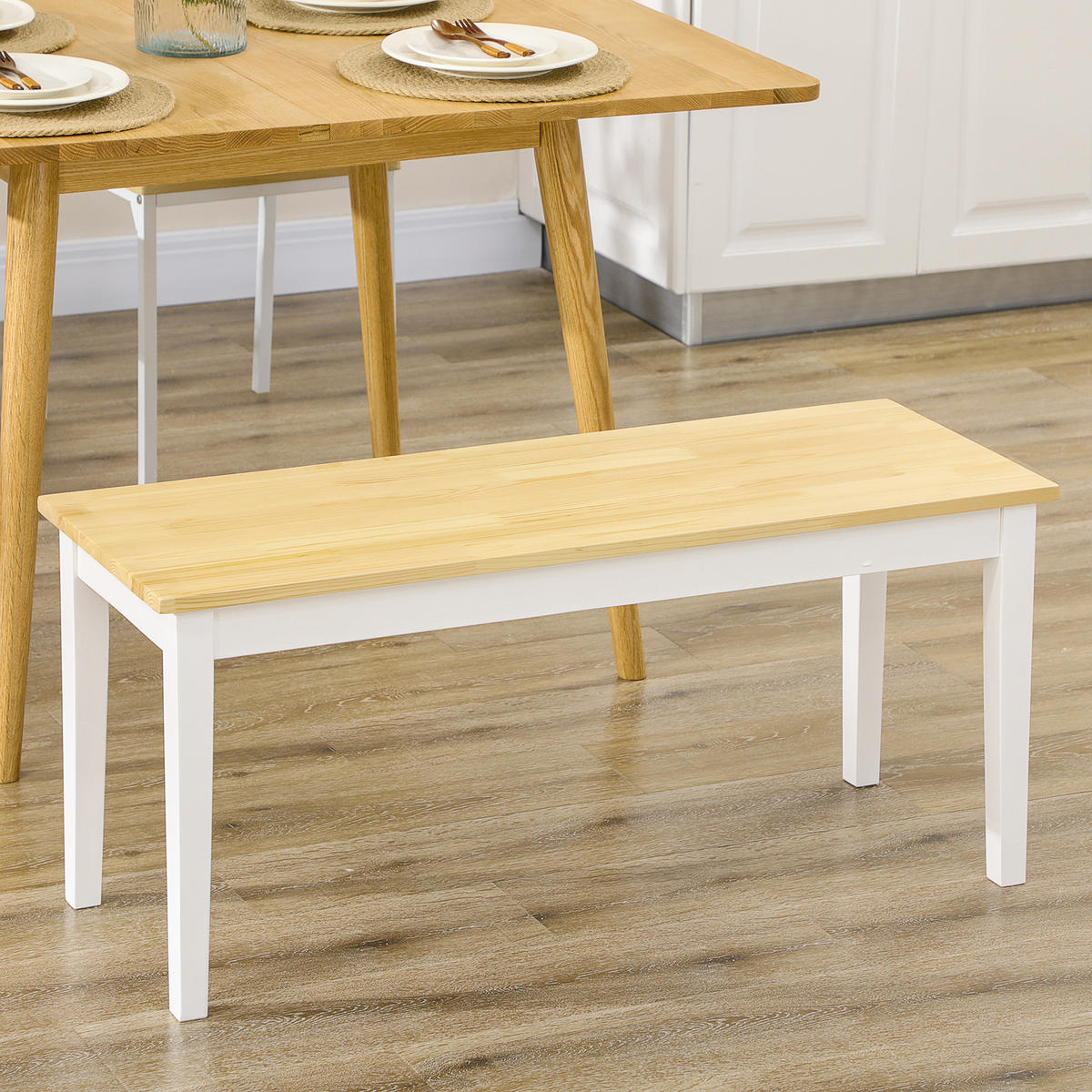 SITZBANK 2-Sitzer Essbank Holzbank, Küchenbank für Eingang bis 220 kg belastbar - Naturfarben/Weiß, Holz (36/45/102cm) - HOMCOM