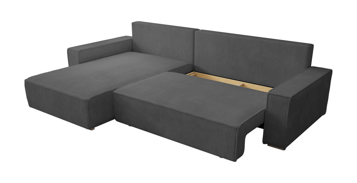 ECKSOFA Alice mit Bettkasten und Schlaffunktion, Cordstoff in L-Form - Dunkelgrau, Textil (289/184cm)
