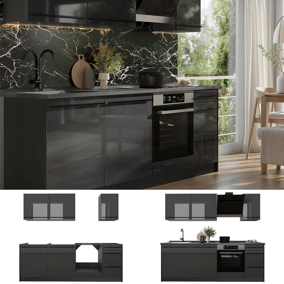 KÜCHENZEILE R-Line, Anthrazit Hochglanz/Anthrazit, 220 cm Arbeitsplatte Goldkraft Eiche - Schwarz Hochglanz/Anthrazit, Holzwerkstoff (220/81.6/60cm) - Vicco