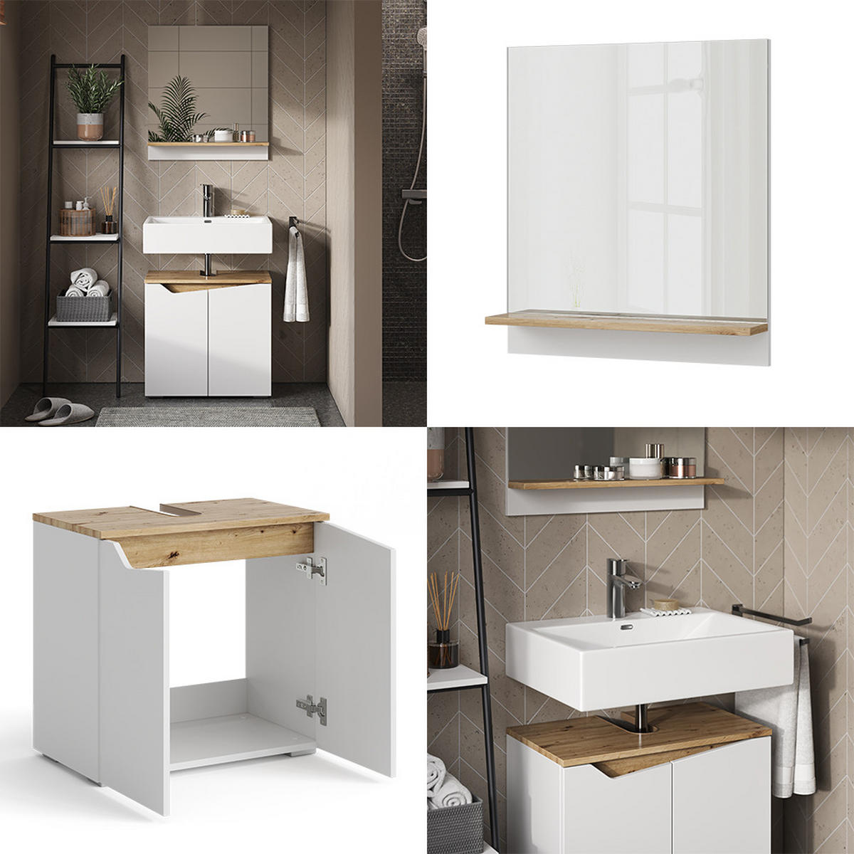 BADMÖBEL-SET Marelle Weiß 2 Teile - Weiß/Eiche Artisan, Holzwerkstoff (60/57/35cm) - Vicco