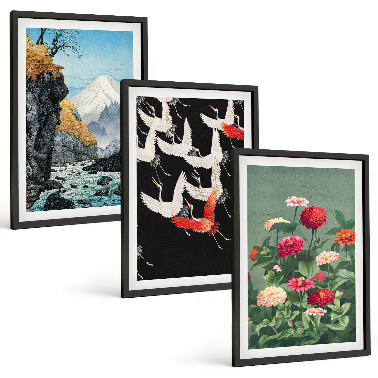 BILDER SET 3er Set - 40x60 cm Schwarzer Rahmen - Berge, Wasserfälle, Vögel, Blumen - Schwarz, Kunststoff (40/60cm) - TULUP