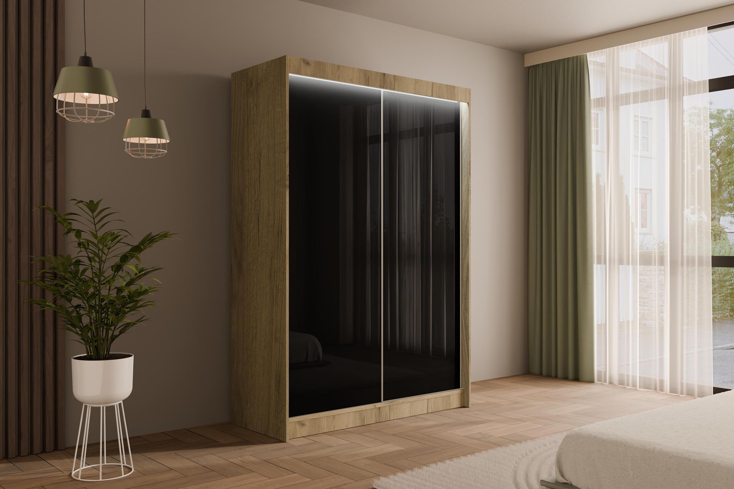 KLEIDERSCHRANK PEKA mit LED - 120 cm - Eichefarben|Schwarz - Eichefarben/Schwarz, Holzwerkstoff (120/215/61cm) - ALTDECOR