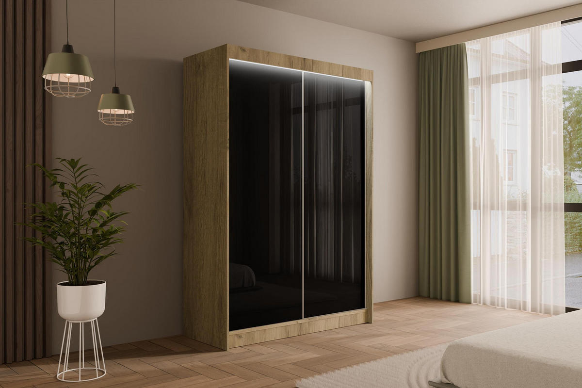 KLEIDERSCHRANK PEKA mit LED - 120 cm - Eichefarben|Schwarz - Eichefarben/Schwarz, Holzwerkstoff (120/215/61cm) - ALTDECOR