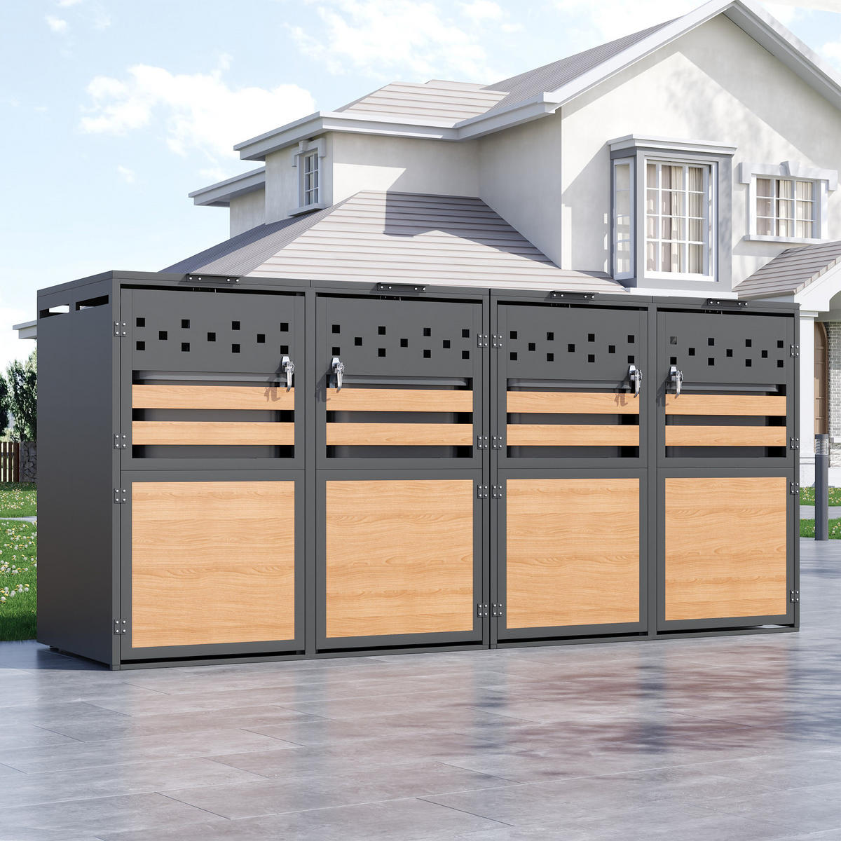 MÜLLTONNENBOX aus Stahl in Grau/Holzoptik mit hydraulischem Klappdeckel - Grau, Metall (264/124.5/80cm) - Modfu