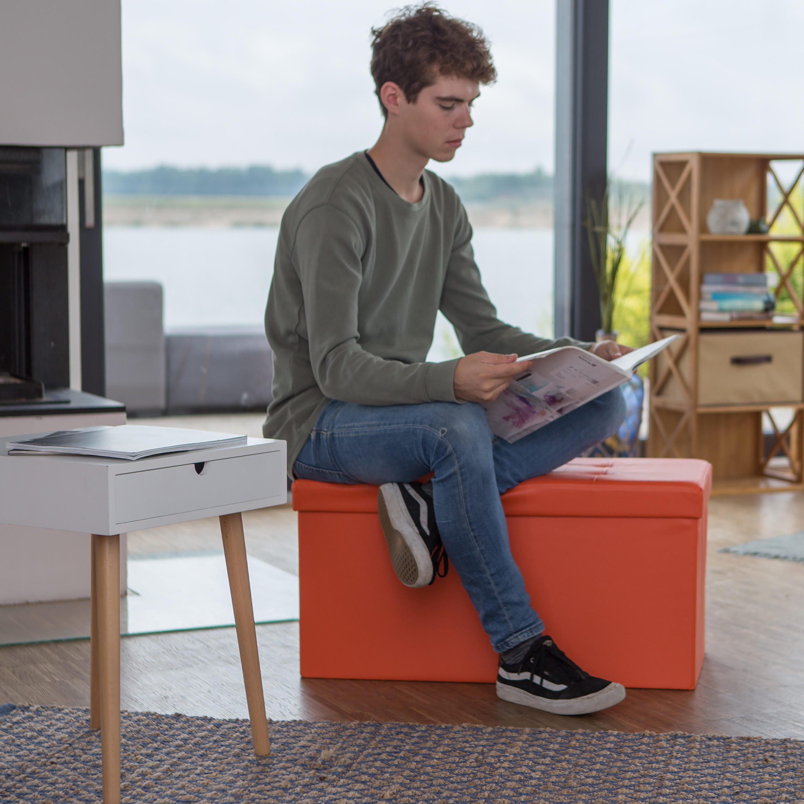 SITZBANK Stauraum - Orange, Holzwerkstoff/Kunststoff (38/38/76cm) - Relaxdays