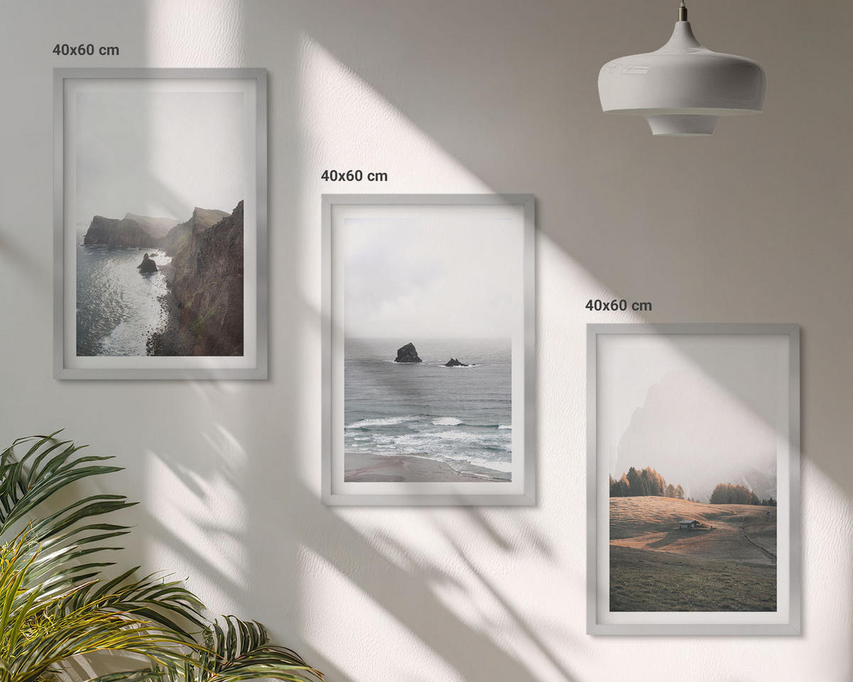 BILDER SET 3er Set - 40x60 cm Silberner Rahmen - Landschaften aus Bergen und Meer - Silberfarben, Kunststoff (40/60cm) - TULUP