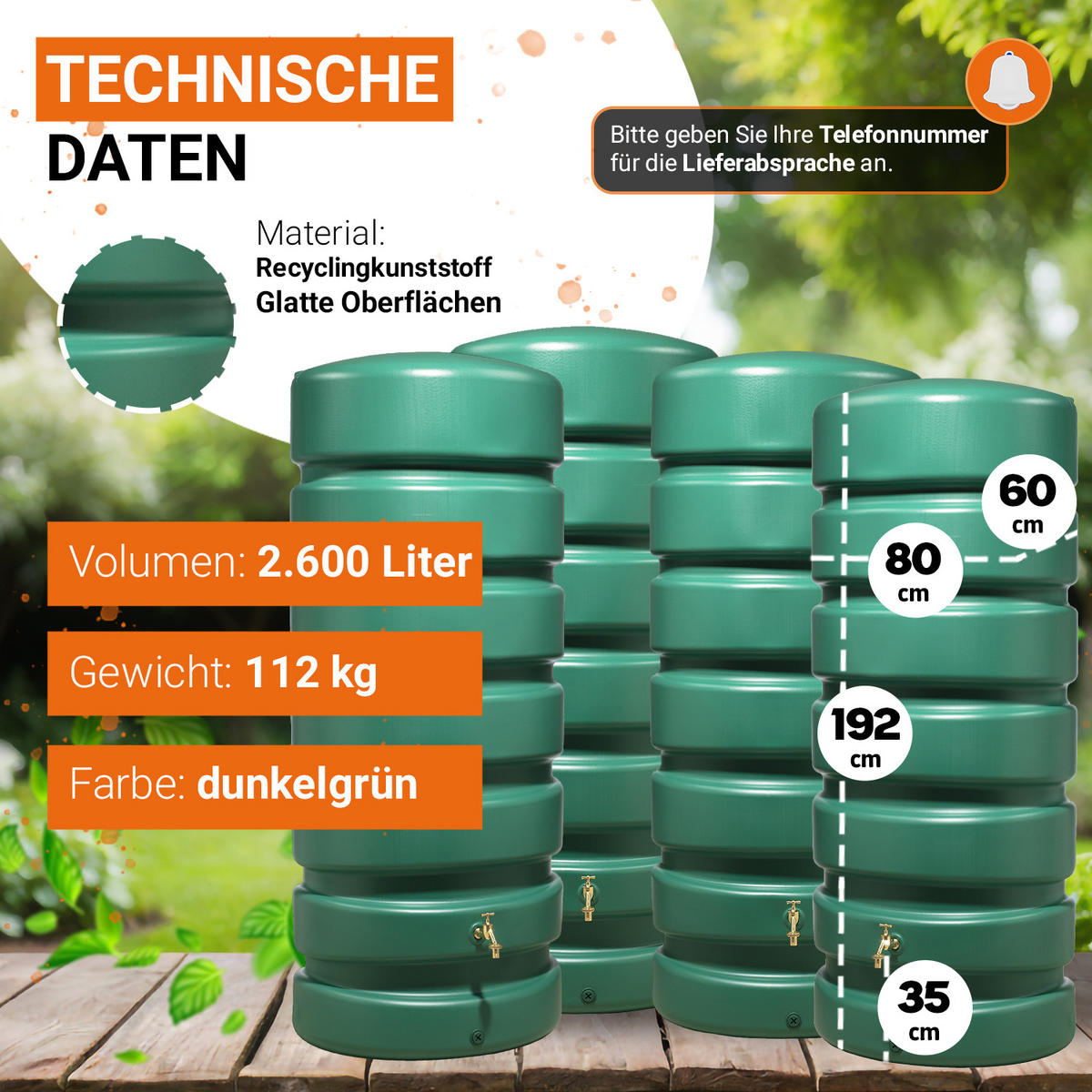 O Regentonnen-Set 2600 L, dunkelgrün 4 x O 650 L, inkl. Verbinder - Grün, Kunststoff (60/192/335cm) - GARANTIA