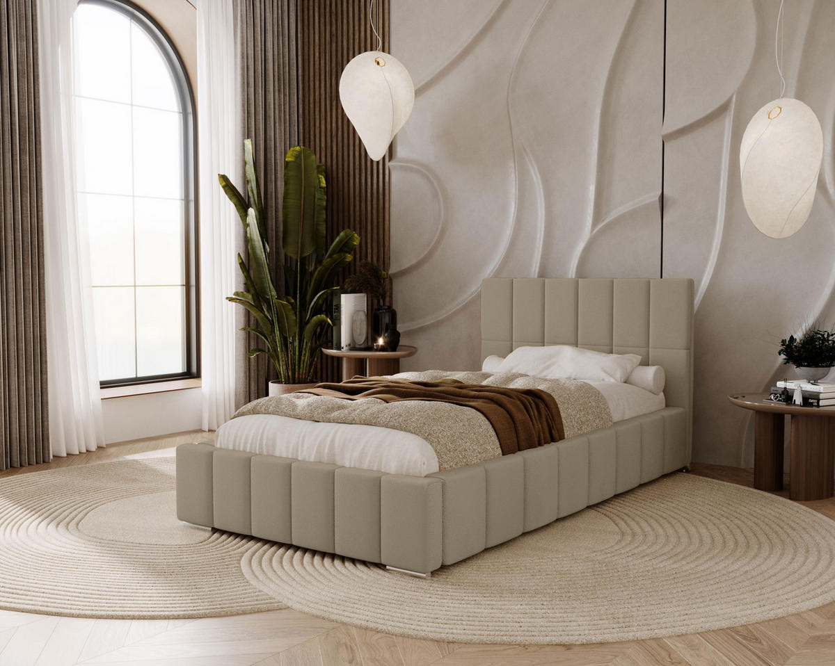 POLSTERBETT Alma 100x200 cm, Einzelbett mit Bettkasten und Lattenrost aus Holz, Velourstoff: Hellbraun - Hellbraun, Holz/Kunststoff (100/200cm) - Marpur