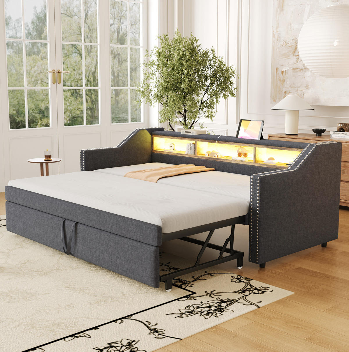 BETT 90/190 cm ausziehbar auf 180/190 cm – inkl. Lattenrost & USB - Dunkelgrau, Textil (90/190cm) - BEAOK