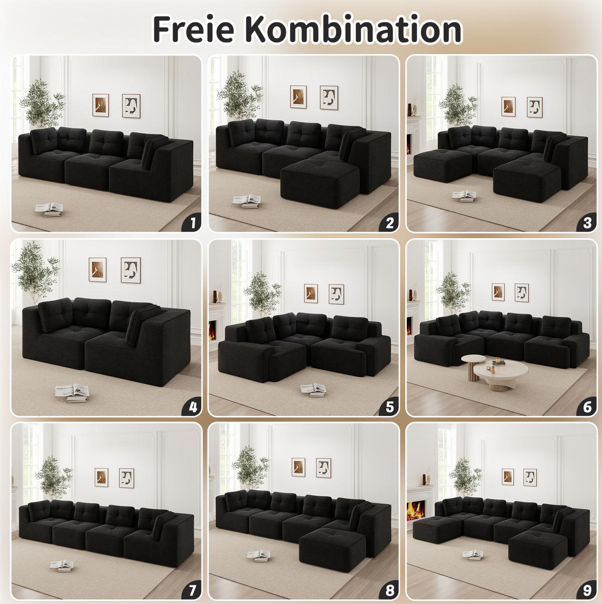 ECKSOFA 208/104/69 cm schwarz aus Cord mit modularem Design - Schwarz, Textil (104/208cm) - OKWISH