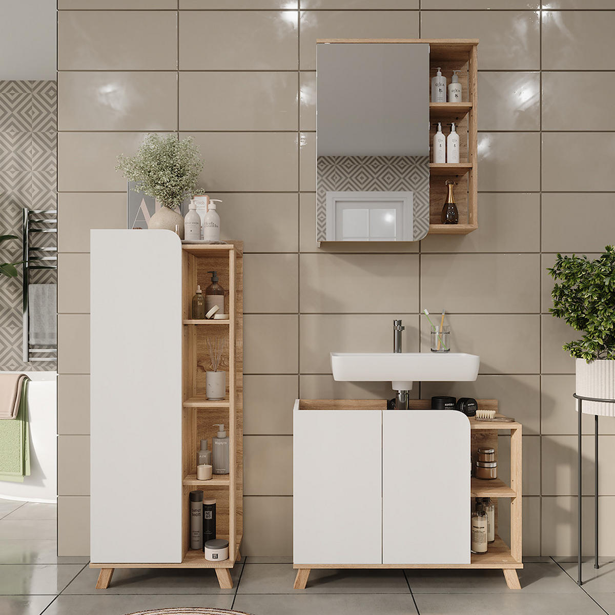 BADMÖBEL-SET Karen Sonoma/Weiß 3 Teile - Weiß/Sonoma Eiche, Holzwerkstoff (80/65/35cm) - Vicco
