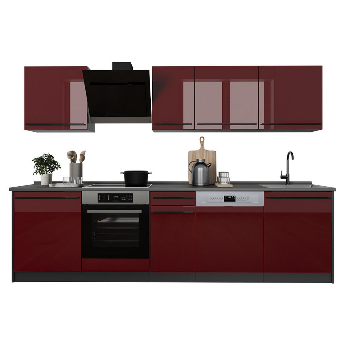 KÜCHENZEILE R-Line, Rot Hochglanz/Anthrazit, 280 cm ohne Arbeitsplatte - Anthrazit/Rot, Holzwerkstoff (280/206.8/46cm) - Vicco