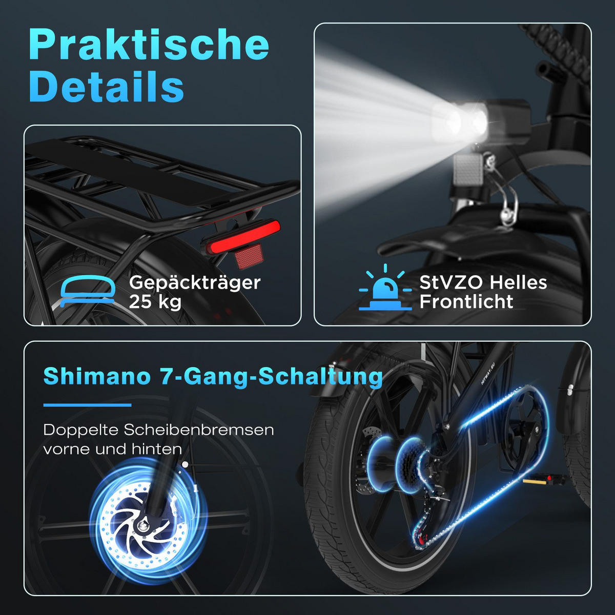 E-BIKE Klapprad BK10S1 20"×4.0", 624 Wh, 7-Gang, Aluminiumrahmen - Grau, Metall (38cm) - HITWAY