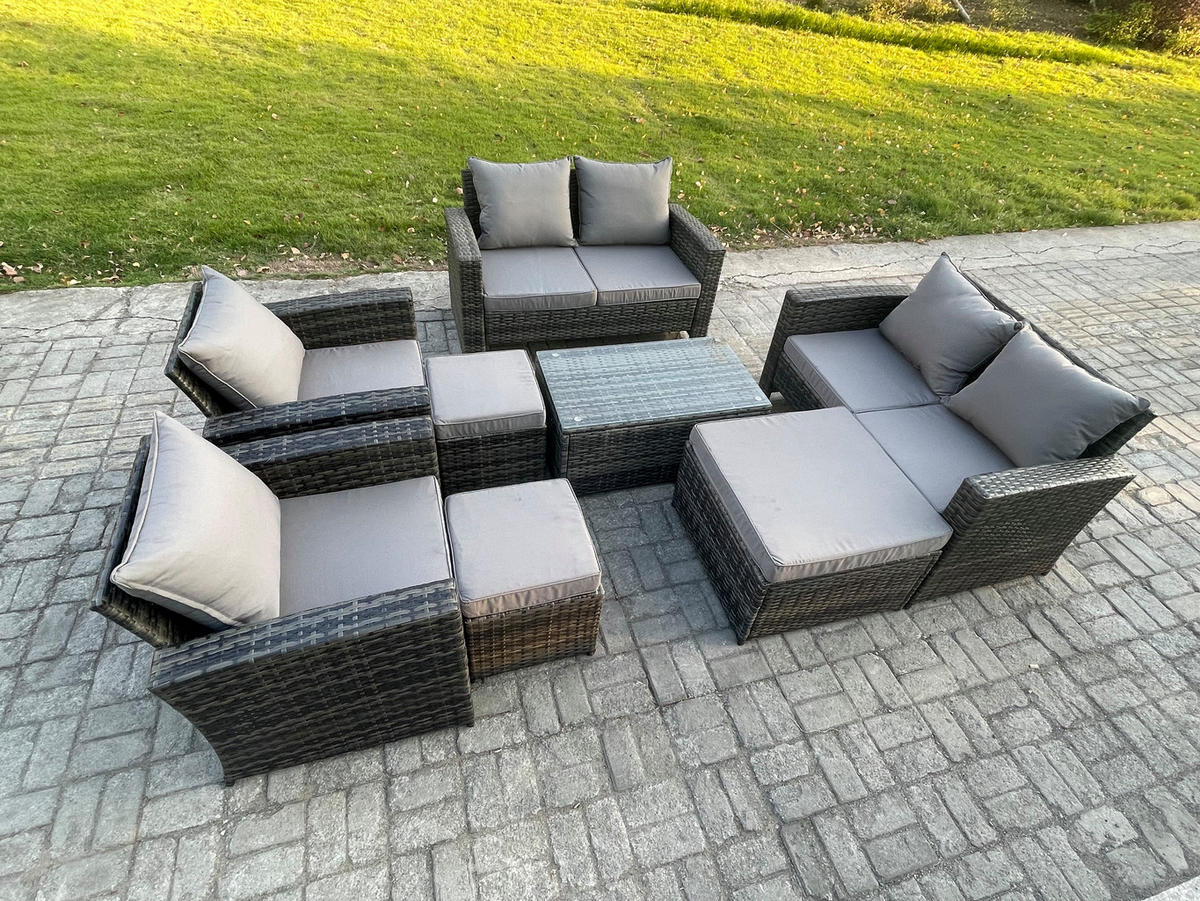 GARTENSOFA Hohe Rückenlehne Polyrattan Dunkelgrau 9-Sitzer - Dunkelgrau, Metall - Fimous