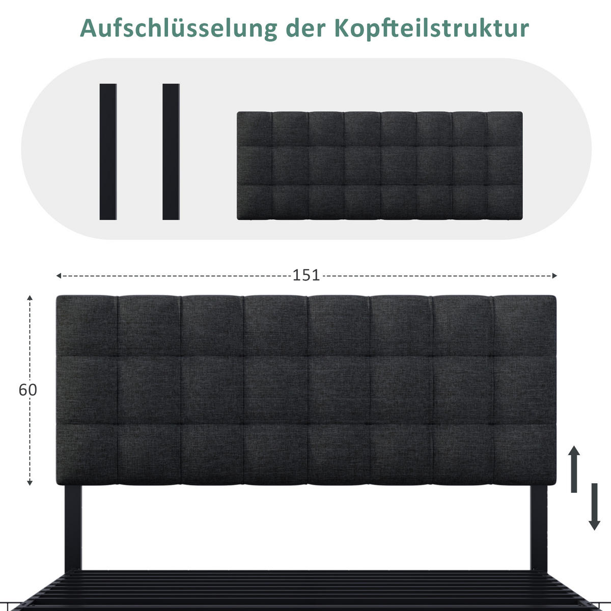 POLSTERBETT 140/200 cm in Schwarz Leinen mit 4 Schubladen und Kopfteilverstellung - Schwarz, Holzwerkstoff/Textil (140/200cm) - WISHDOR