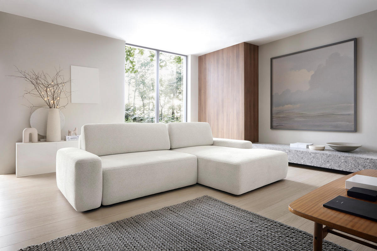 ECKSOFA BOULI 4-Sitzer Polstersofa Raven mit Schlaffunktion 130x210 cm Bettzeugablage 264x162x82 cm rechte, Farbe: Beige​ - Beige, Holz/Textil (264/162cm) - DomoHome