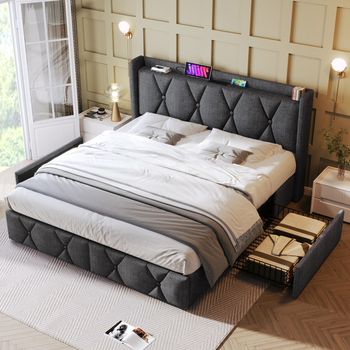 POLSTERBETT 160/200 cm mit USB-Anschlüssen, Steckdosen und 4 Schubladen, Leinenoptik, Grau - Grau, Textil (160/200cm) - Redom