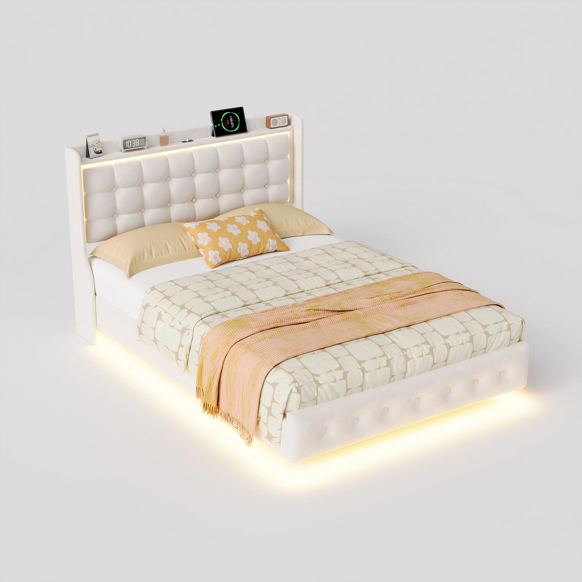 POLSTERBETT 160/200 cm beige mit Stauraum, LED und USB - Beige, Holz - SHOPENTRA