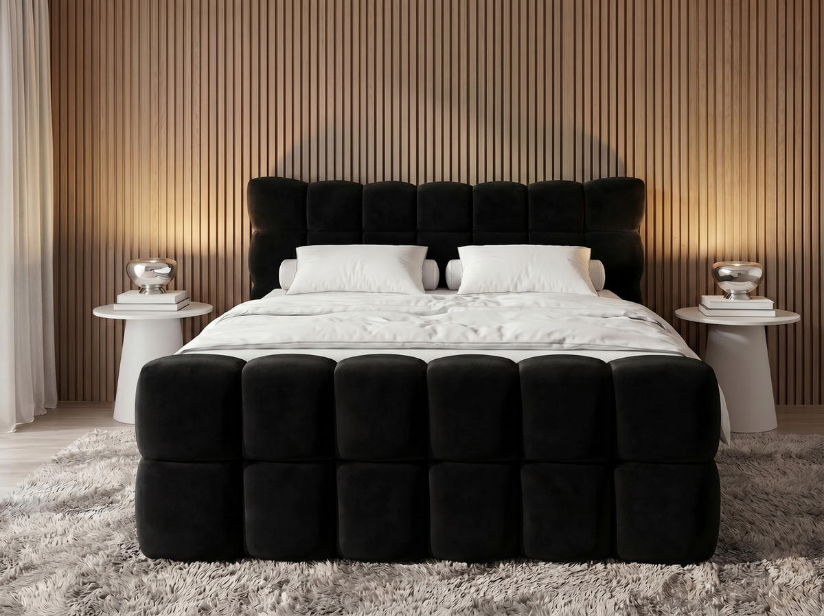 BOXSPRINGBETT Milano Schwarz 200/200 cm Samt Stoff mit Bettkasten, mit Matratze, mit Topper H3/H4 - Schwarz, Textil (200/200cm) - wonello
