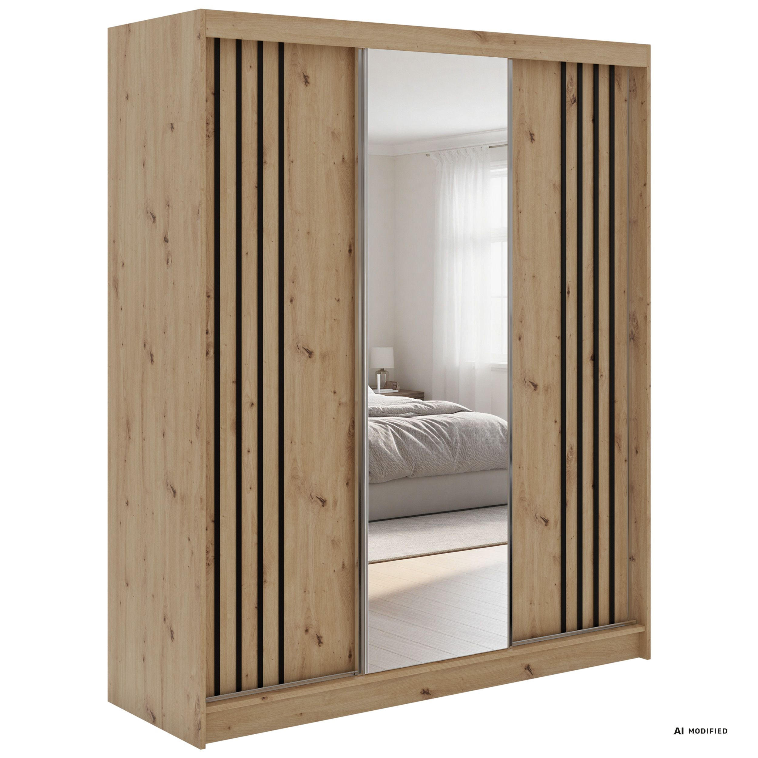 MKS Schwebetürenschrank Eiche Artisan, Schwarz 180x216x61 cm