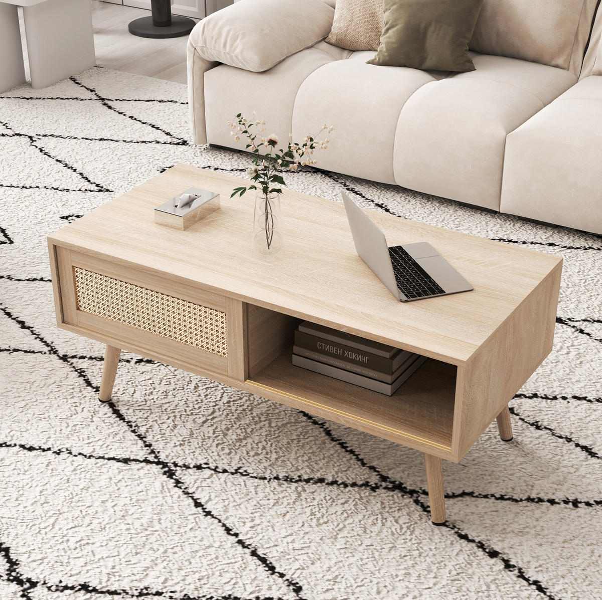 COUCHTISCH 105/55/40 cm mit Schiebetür, Rattan-Geflecht und Stauraum, Naturfarben - Braun, Holzwerkstoff (105/55/40cm) - Redom