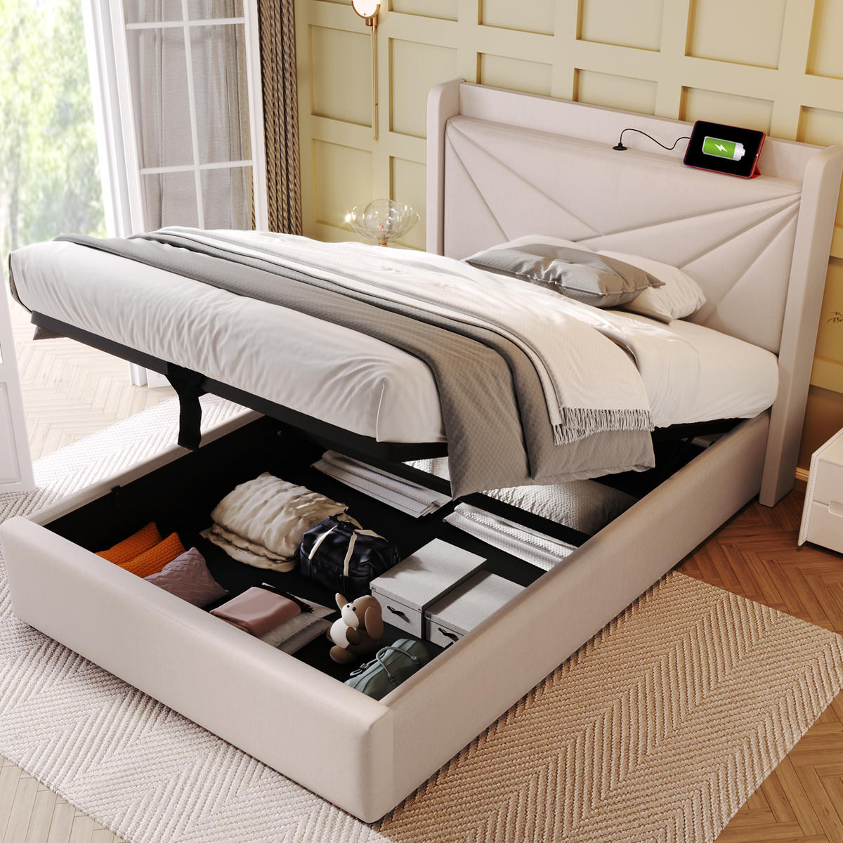 BETT mit Bettkasten und USB/Typ-C 90x200 cm Beige inkl. Matratze - Beige, Metall (90/200cm) - Meubliv