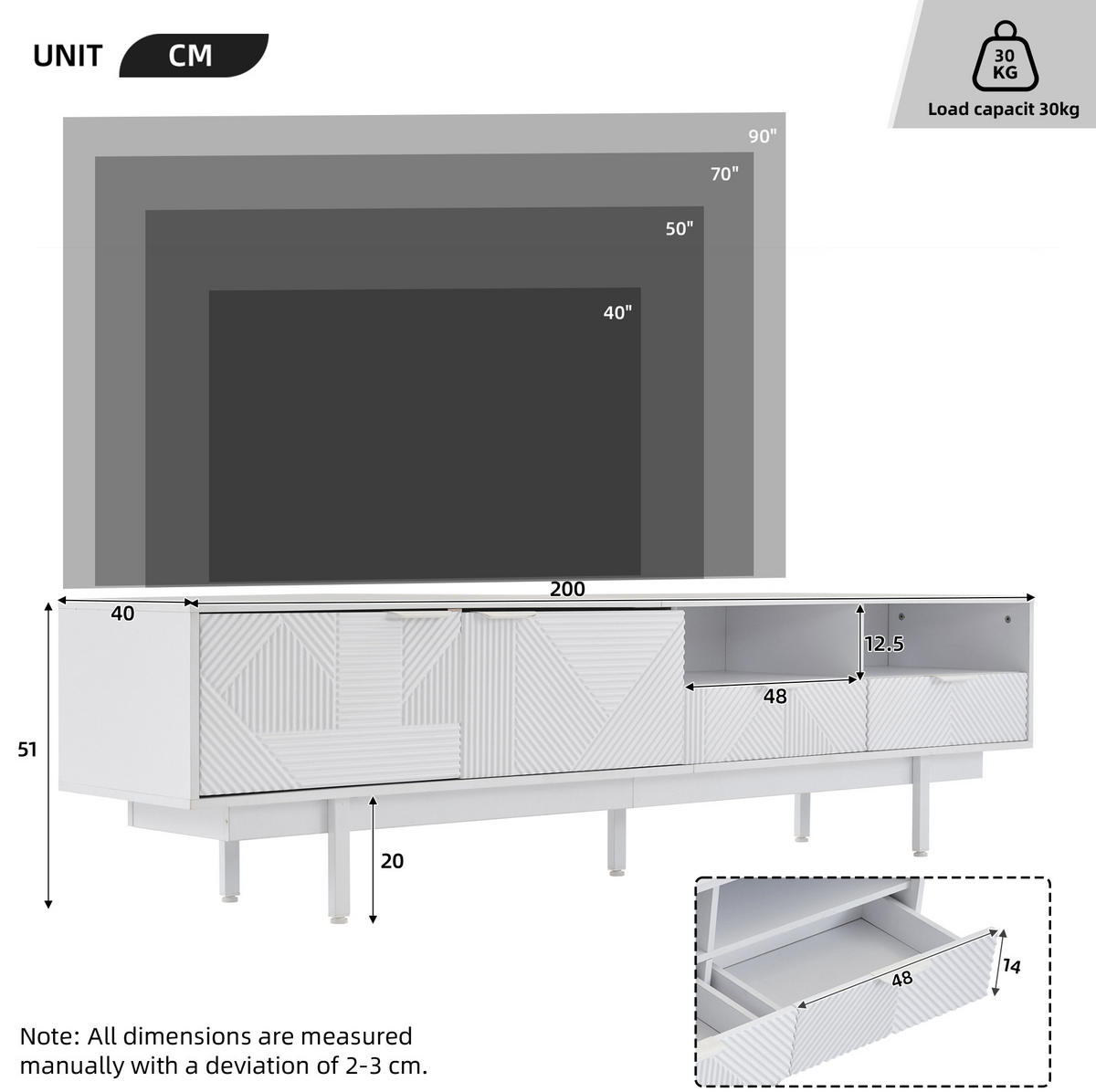 TV-LOWBOARD aus Spanplatte 200x40x51 cm Weiß mit Stauraum, Kabelmanagement und geometrischer Front - Weiß, Holzwerkstoff (200/51/41cm) - Modfu