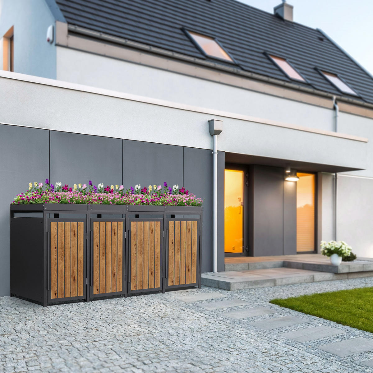 MÜLLTONNENBOX 4er mit Pflanzdach 240L Anthrazit-Holzoptik aus Stahl - Hellbraun, Metall (80/124/260cm) - ML-DESIGN