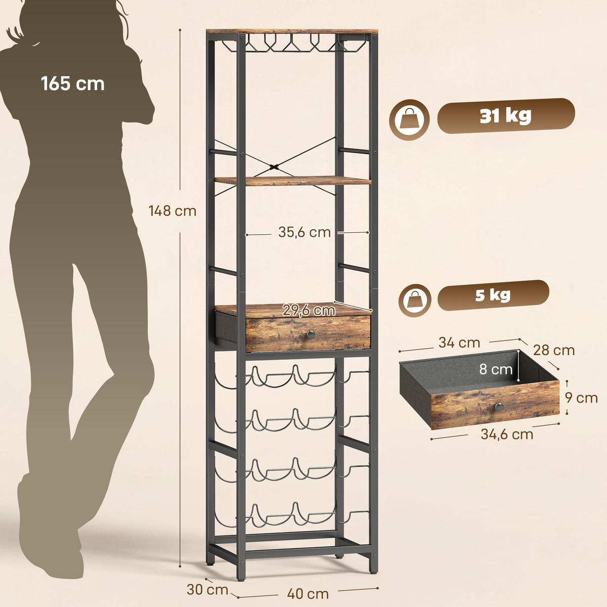 WEINREGAL Spanplatte Metall Rustikal-Braun - Schwarz/Braun, Holzwerkstoff/Metall (30/148/40cm) - HOMCOM