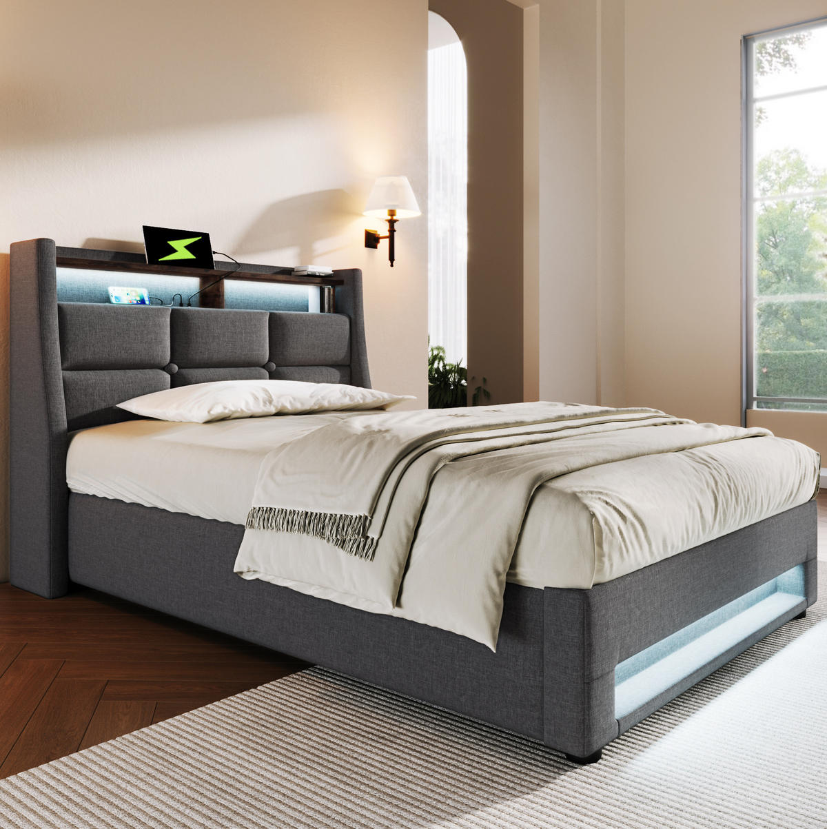 POLSTERBETT aus Leinen 90x200 cm in Grau mit LED & Matratze - Grau, Textil (90/200cm) - Modfu