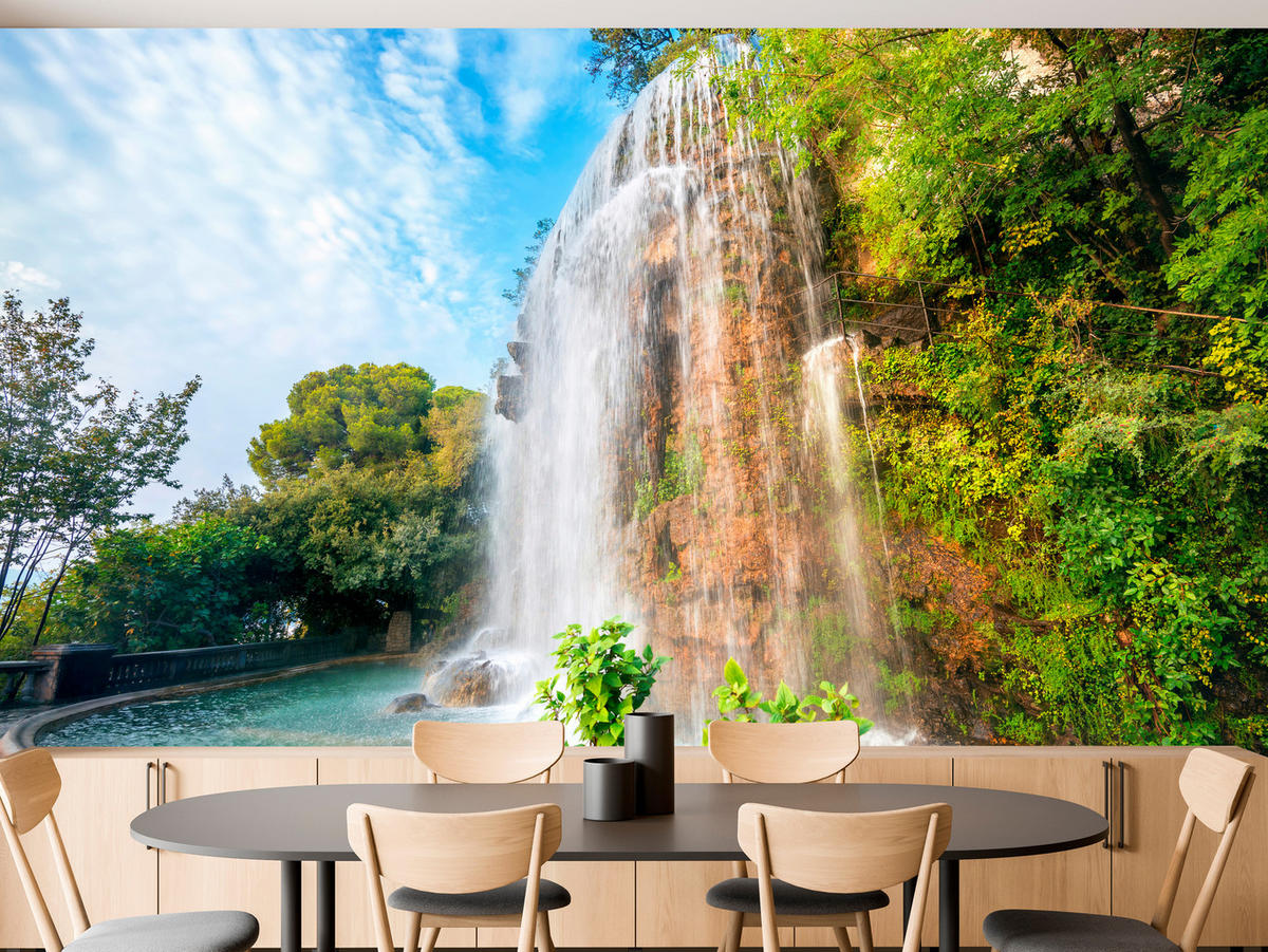 FOTOTAPETE für Wohnzimmer Wasserfall Nizza Felsen Pflanzen Bäume 400x280 - Blau/Beige, Papier (400/280cm) - Muralo