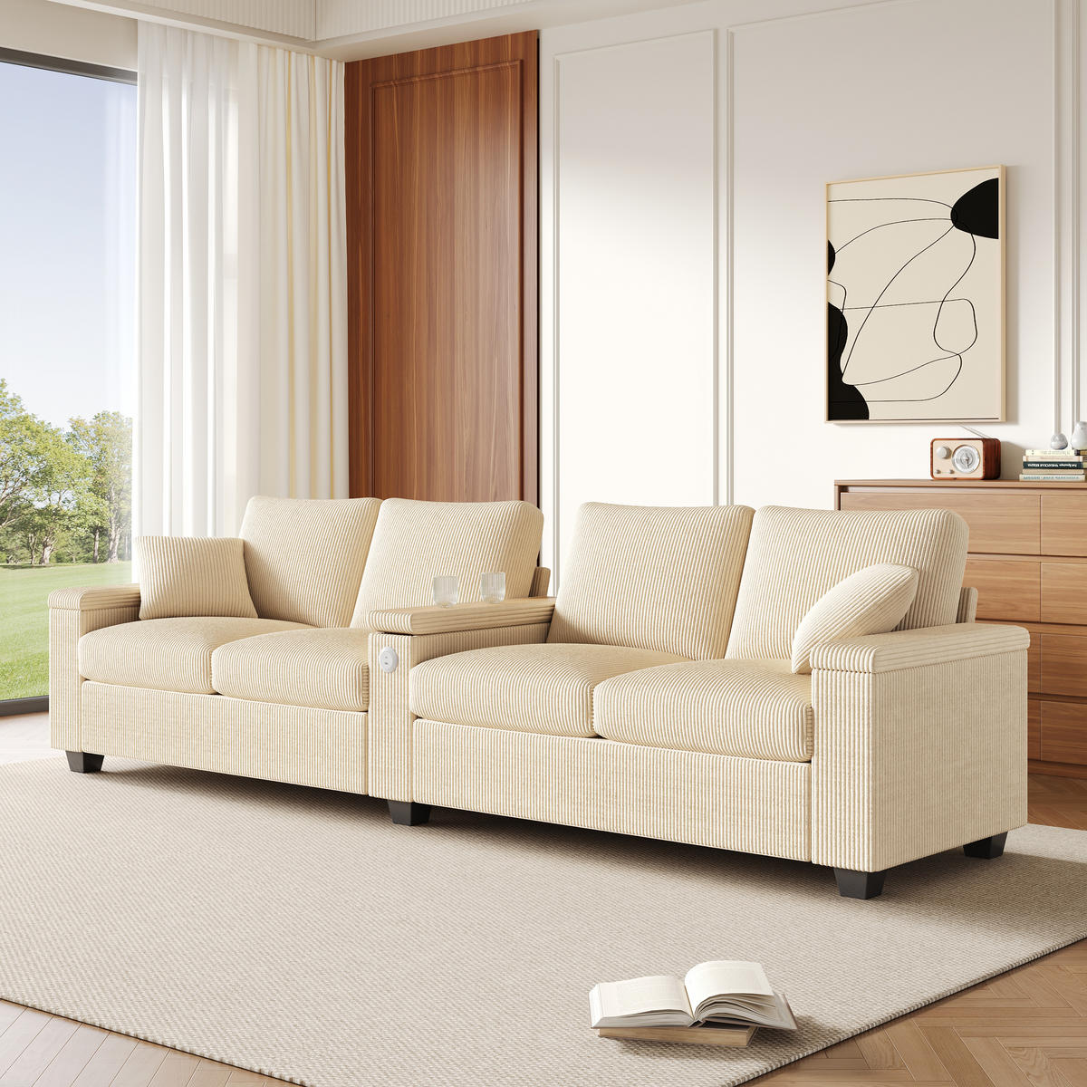 4-SITZER SOFA Cord Beige mit USB, USB-C und Stauraum - Beige, Holzwerkstoff/Kunststoff (299/82.7/80cm) - WISHDOR